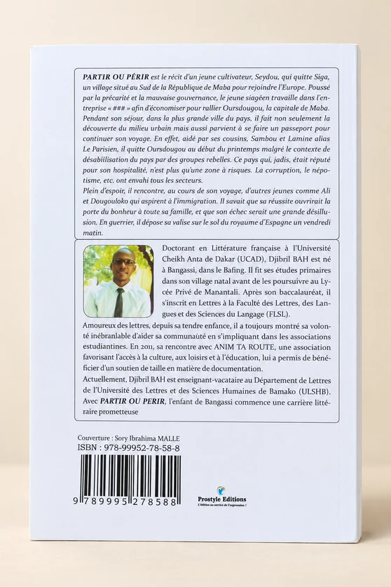 Quatrième de couverture authentique du roman Partir ou périr de Djibril BAH
